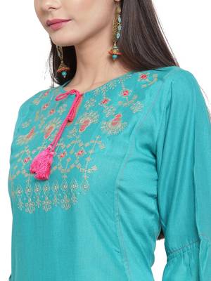 Turquoise embroidered rayon ethnic-kurtis 5