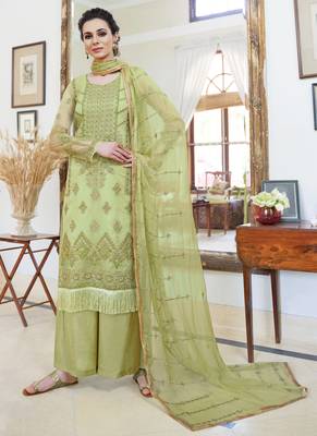 green embroidered organza semi stitched salwar with dupatta 1