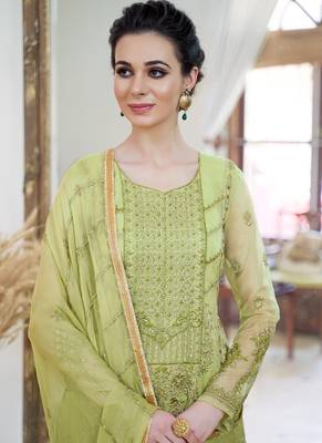 green embroidered organza semi stitched salwar with dupatta 2