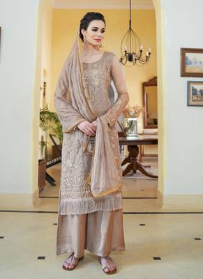 brown embroidered organza semi stitched salwar with dupatta 1