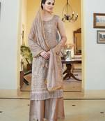 brown embroidered organza semi stitched salwar with dupatta