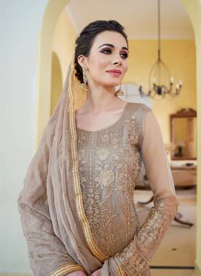 brown embroidered organza semi stitched salwar with dupatta 2