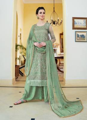green embroidered organza semi stitched salwar with dupatta 1