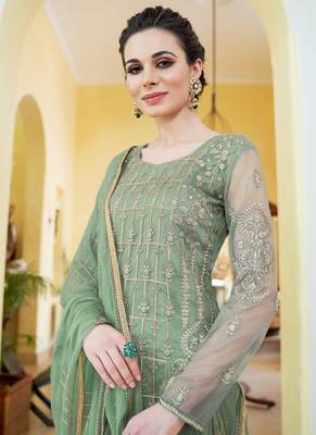 green embroidered organza semi stitched salwar with dupatta 2