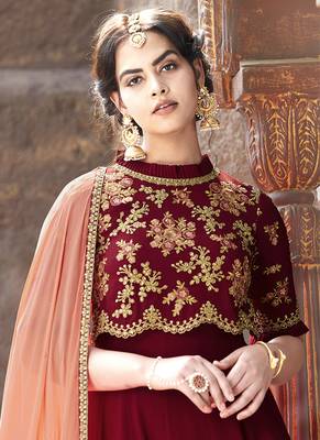 Maroon Embroidered Georgette Semi Stitched Salwar With Dupatta 2