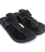 Indian Handmade Synthetic Leather Black Sandals For Men, Summer Flat Shoes