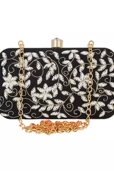 Black & White Adorn Embelished Faux Silk Fabric Clutch