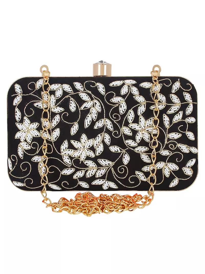 Black & White Adorn Embelished Faux Silk Fabric Clutch