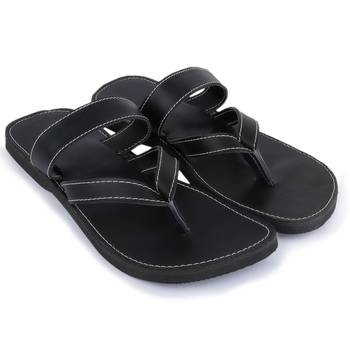 Men'S Synthetic  Leather Black Flip Flops Sandals 1
