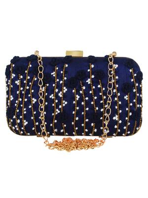 Navy Blue Adorn Embroidered & Embelished Faux Silk Fabric Clutch 1