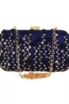 Navy Blue Adorn Embroidered & Embelished Faux Silk Fabric Clutch