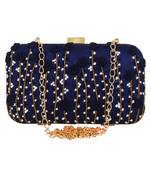 Navy Blue Adorn Embroidered & Embelished Faux Silk Fabric Clutch