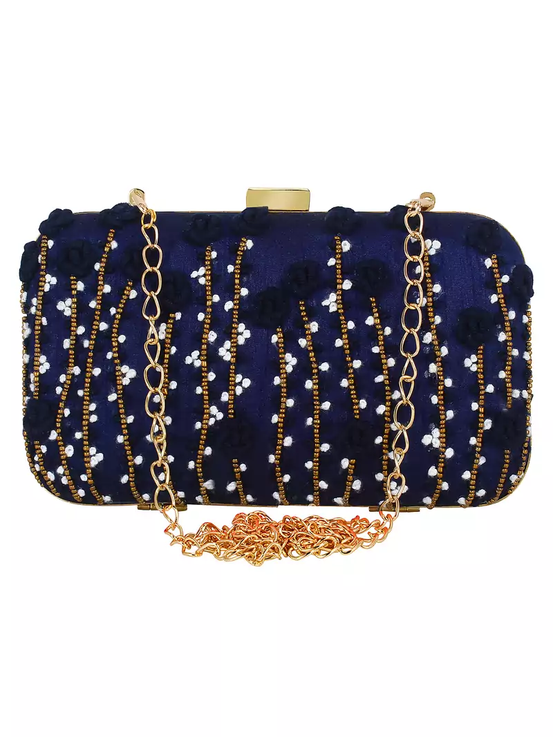 Navy Blue Adorn Embroidered & Embelished Faux Silk Fabric Clutch