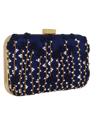 Navy Blue Adorn Embroidered & Embelished Faux Silk Fabric Clutch 2