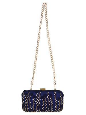 Navy Blue Adorn Embroidered & Embelished Faux Silk Fabric Clutch 4