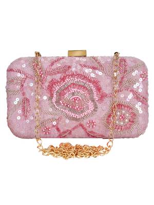 Pink Adorn Sequines Embelished Faux Silk Fabric Clutch 1