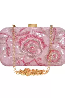 Pink Adorn Sequines Embelished Faux Silk Fabric Clutch