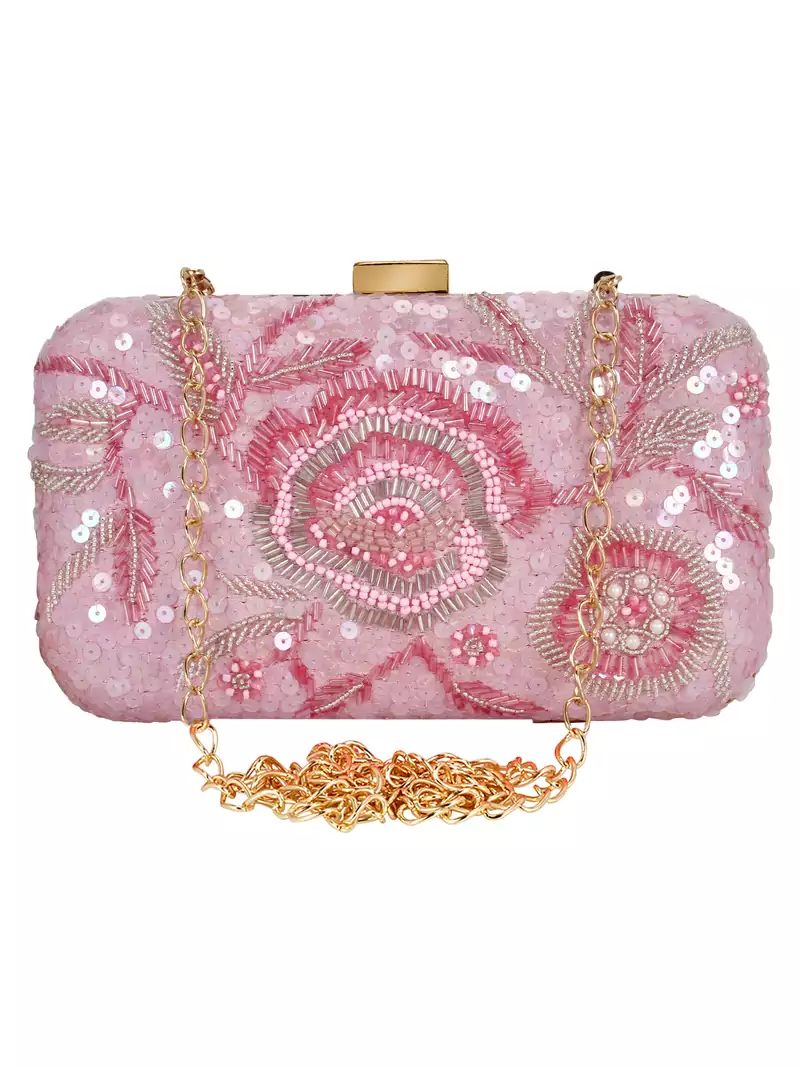 Pink Adorn Sequines Embelished Faux Silk Fabric Clutch