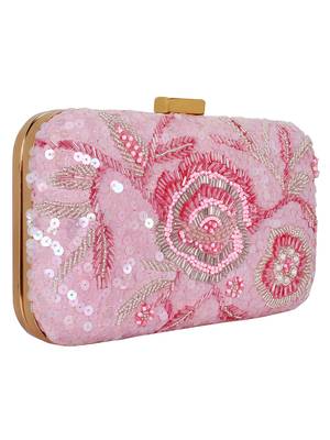Pink Adorn Sequines Embelished Faux Silk Fabric Clutch 2
