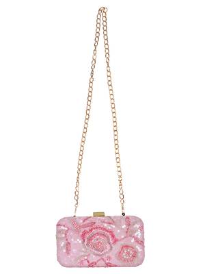 Pink Adorn Sequines Embelished Faux Silk Fabric Clutch 4