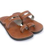 Brown Synthetic Leather Sandals For Men, Gladiator Jesus Flat Flip Flops