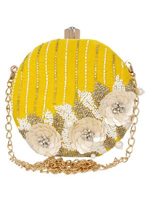 Yellow and White Adorn Embelished Velvet Fabric Clutch 1