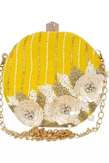 Yellow and White Adorn Embelished Velvet Fabric Clutch