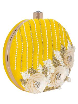 Yellow and White Adorn Embelished Velvet Fabric Clutch 2