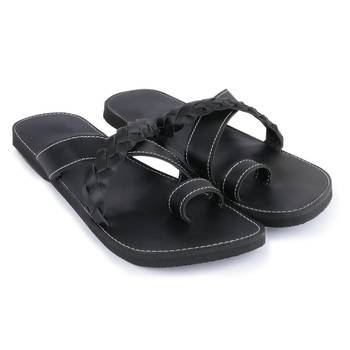 Men'S Black Synthetic Leather Sandals, Handmade Indian Flip Flops 1