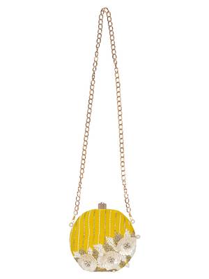 Yellow and White Adorn Embelished Velvet Fabric Clutch 4