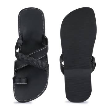 Men'S Black Synthetic Leather Sandals, Handmade Indian Flip Flops 4