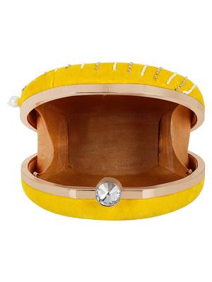 Yellow and White Adorn Embelished Velvet Fabric Clutch 5