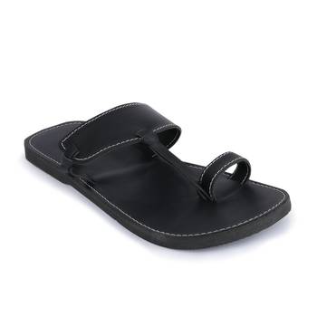 Men'S  Black Sandals In Synthetic Leather, Handmade Indian Flip Flops With Rubber Sole 2