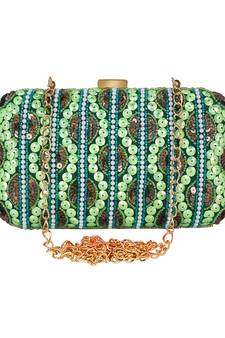 Green and Multicolour Adorn Embelished Faux Silk Fabric Clutch