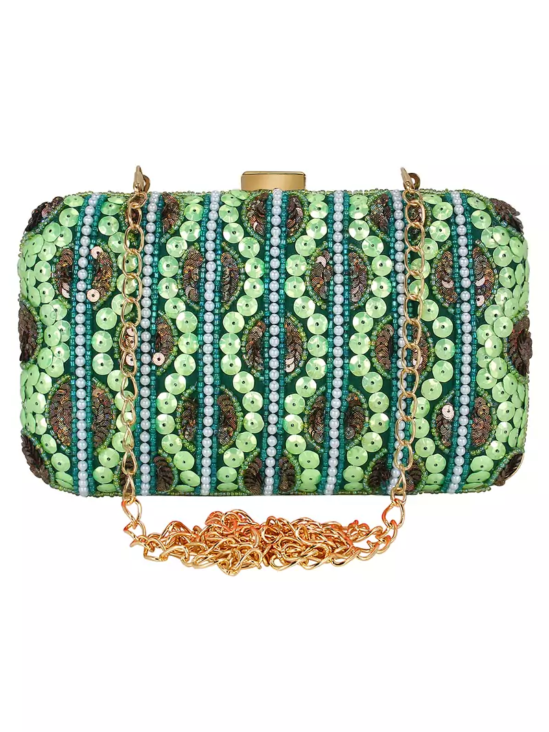 Green and Multicolour Adorn Embelished Faux Silk Fabric Clutch