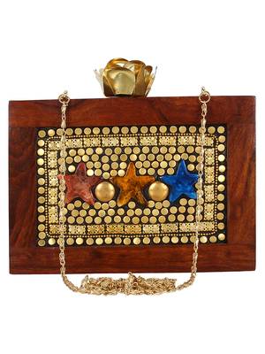 Brown and Gold Balk Mosaic Wooden and Stone Clutch 1