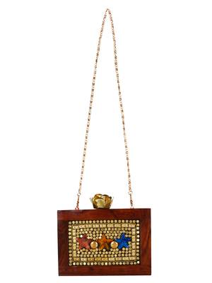 Brown and Gold Balk Mosaic Wooden and Stone Clutch 4