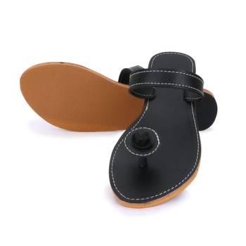 Black Synthetic Leather Sandals Woman Indian Shoes Vintage Style Flip Flops 2