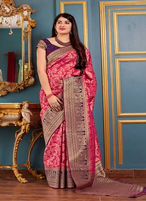 Pink woven banarasi silk blend saree with blouse 1