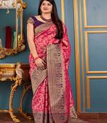 Pink woven banarasi silk blend saree with blouse