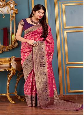 Pink woven banarasi silk blend saree with blouse 2