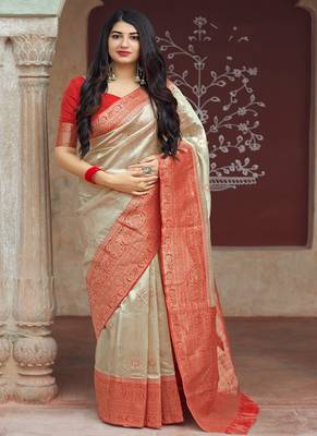 Beige woven banarasi silk blend saree with blouse 1
