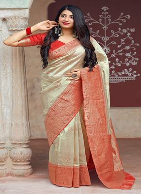 Beige woven banarasi silk blend saree with blouse 2
