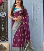 Purple woven banarasi silk blend saree with blouse