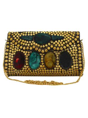 Gold and Multicolour Jewel Mosaic Metal Clutch 1