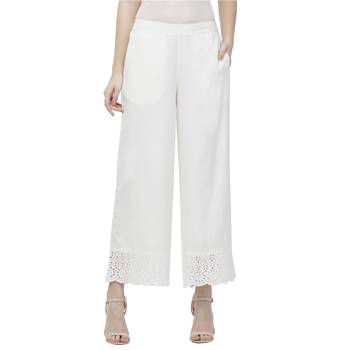 Off White Linolio Schiffli Embroidered Ethnic Wear Palazzo For Women's 1