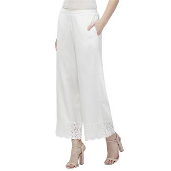 Off White Linolio Schiffli Embroidered Ethnic Wear Palazzo For Women's 3