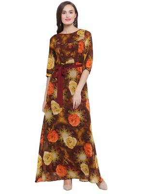 Brown Orange A-Line Maxi Dress 1