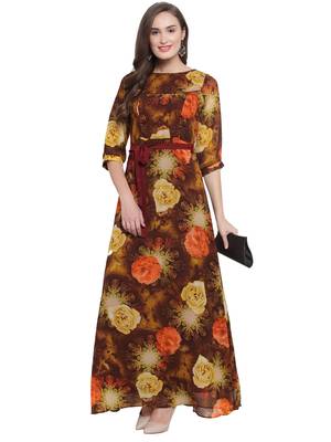 Brown Orange A-Line Maxi Dress 3