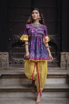 Deep Purple khadi embroidered kedia and tulip pants